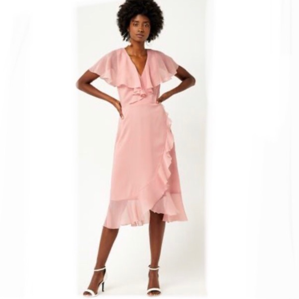 Warehouse Pink Soft Ruffle Midi Dress - Size 4